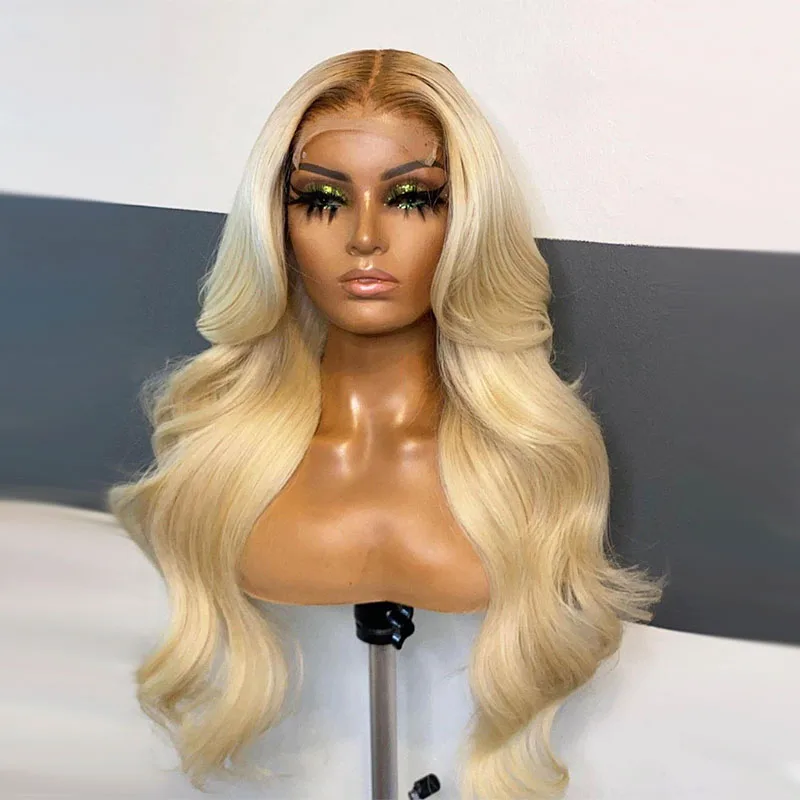 

613 26inch Long Glueless Ombre Blonde Body Wave Synthetic Lace Front Wig For Black Women BabyHair 180%Density Natural Hairline