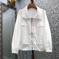 2021 autumn fashion jackets high quality women turn down collar hollow out embroidery long sleeve casual zip coat blue white