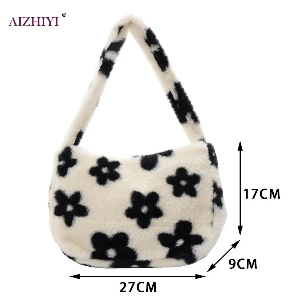 

Casual Flower Printed Shoulder Underarm Bag Autumn Women Plush Soft Fluffy Handbag Street Travel Top-handle Clutch Purse