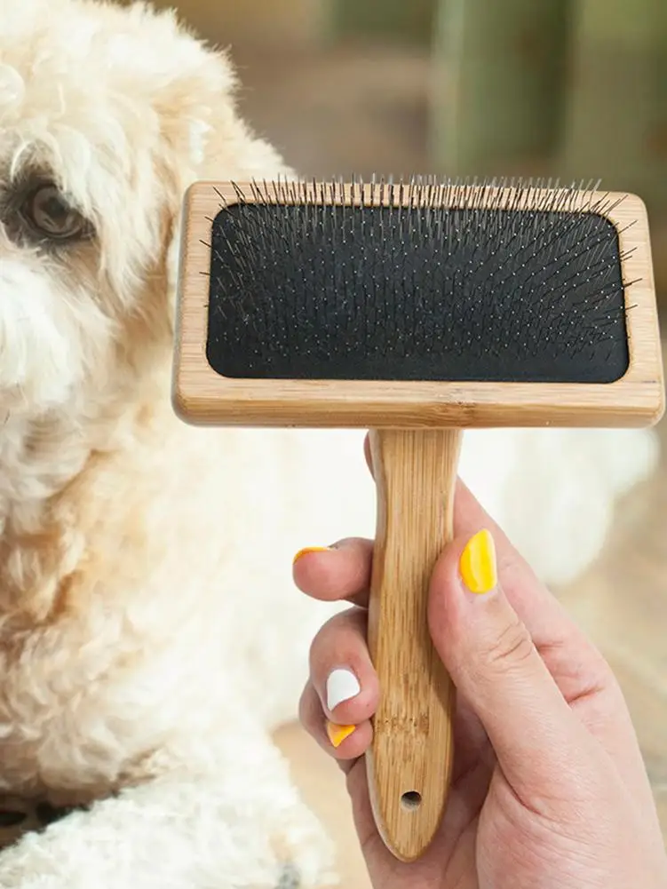 

Расческа для расчески для домашних животных с открытым узлом, прочная расческа из натурального бамбука с ручкой из нержавеющей стали, аксес...