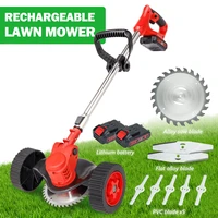 24v electric grass trimmer cordless powerful lawn mower double wheel length adjustable garden pruning cutter tool with 2 battery