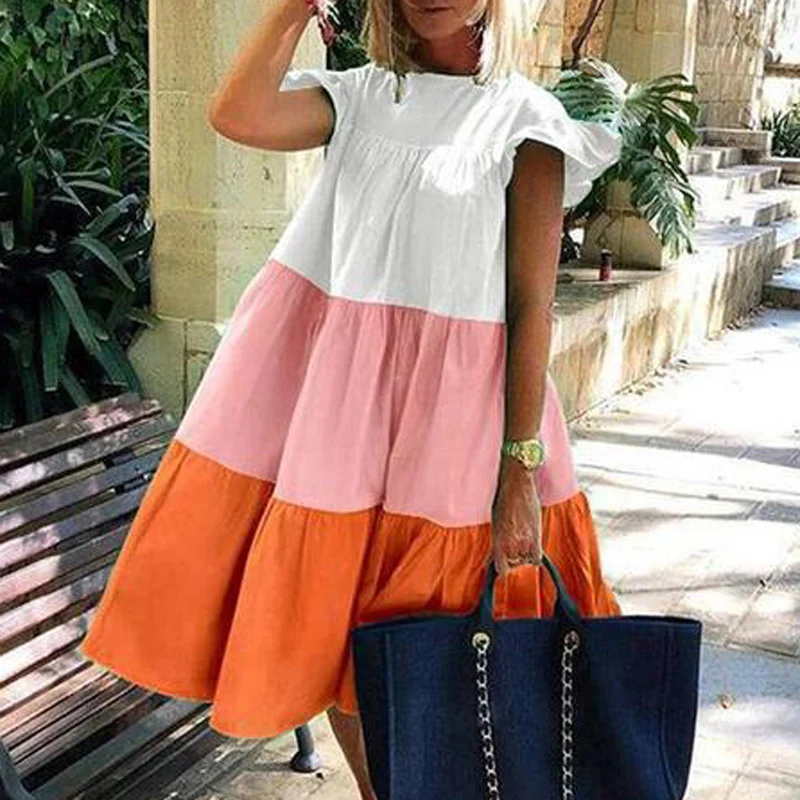 Повседневное свободное платье трапеция в стиле ретро с коротким рукавом и