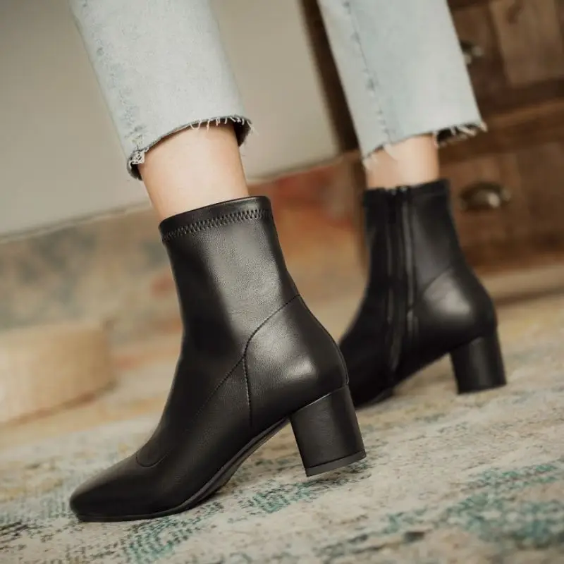 

KemeKiss Women Shoes Ankle Boots Square Toe Thick Heel Zipper High Quality Stretch Shoes New Winter Ladies Footwear Size 33-40