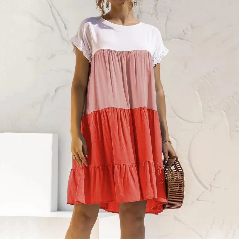 

Summer Holiday Mini Dress 2021 Women O Neck Short Sleeve Color Patchwork Ruffles Basic Beach Dresses Vestido Sundress Streetwear
