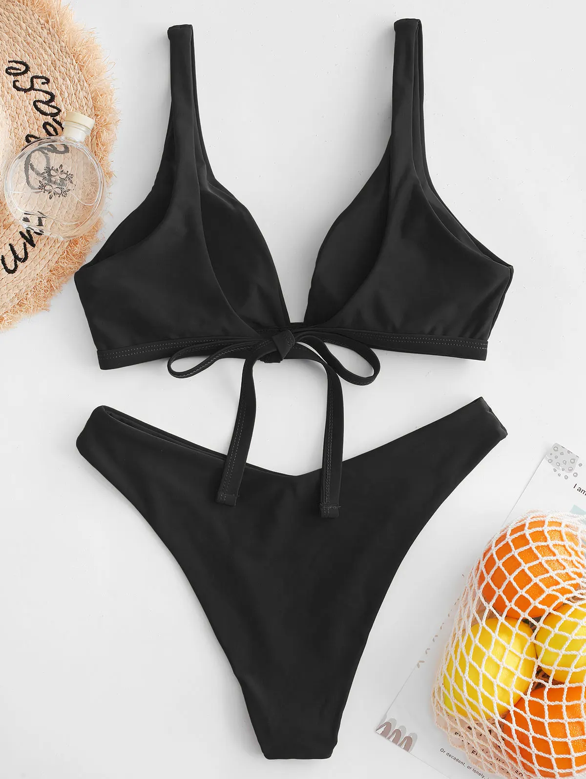 ZAFUL Tie Back Plunging High Leg Bikini Swimsuit Cut Triangle 2020 Summer Solid Padded Two Pieces | Спорт и развлечения