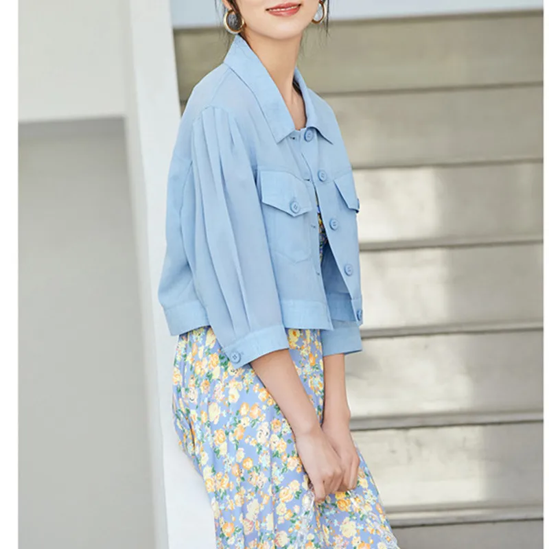 

Women's Blouse 2021 Summer Single Breasted Chiffon Thin Blouses Solid Korean Elegant Office Lady Crop Top