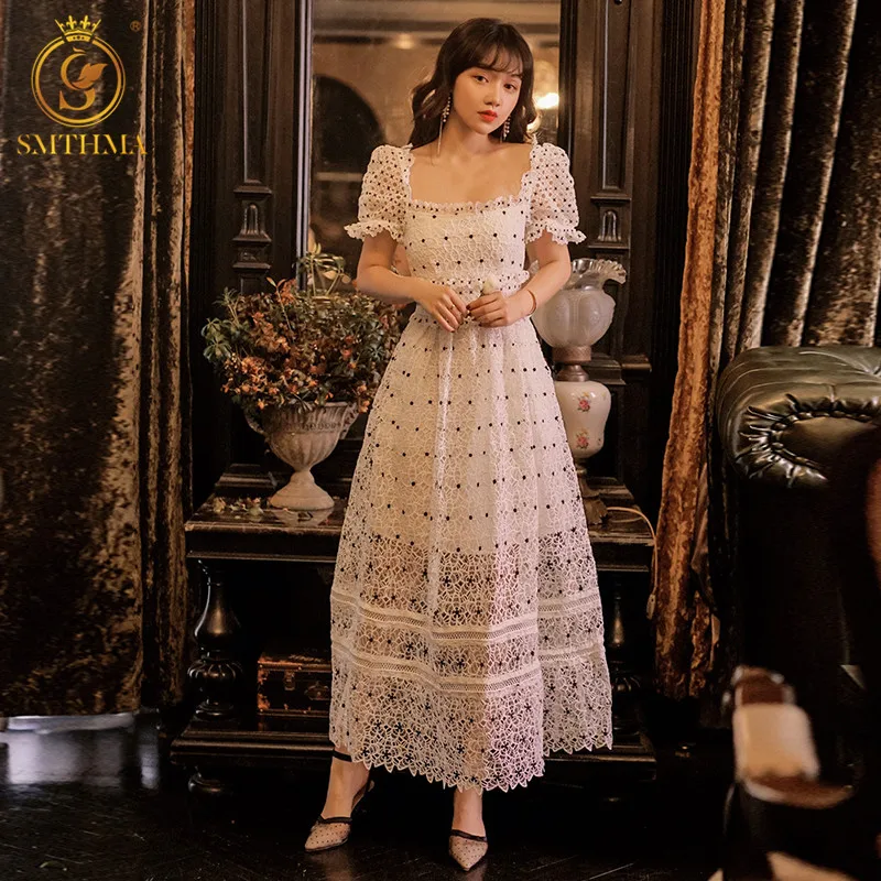 

SMTHMA New Summer Women Vintage Long Dresses Fashion Runway Female Sexy Hollow Embroidery White Lace Vestidos