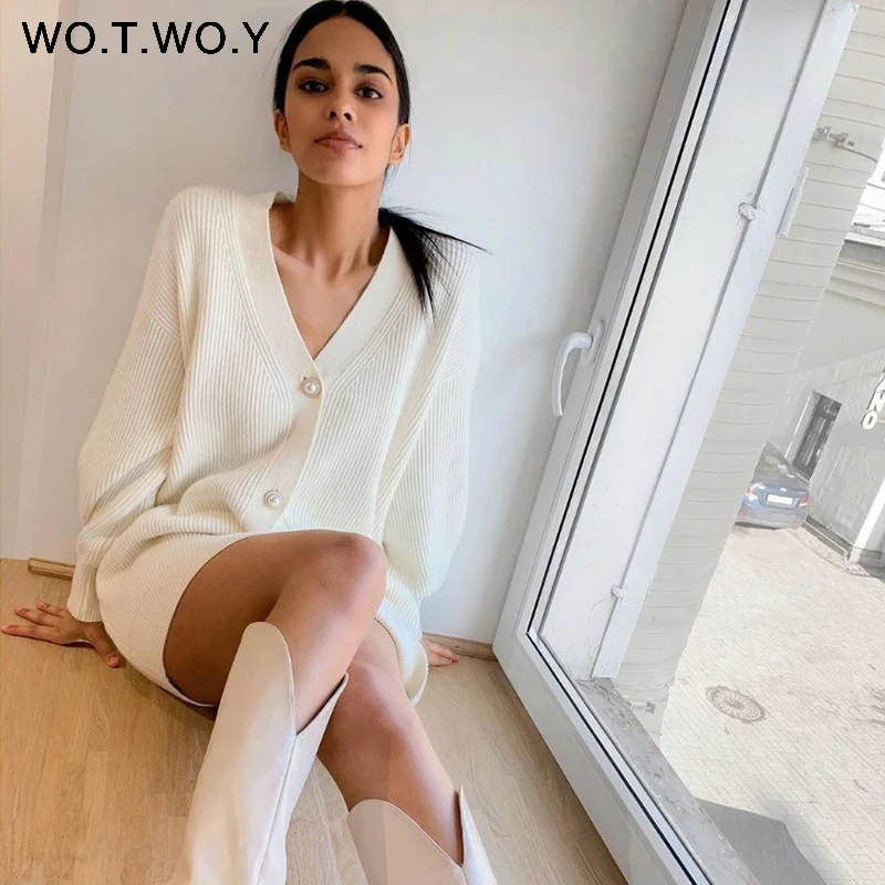 WOTWOY Single Breasted Cashmere V-Neck Cardigans Women Knitted Basic Pink Sweaters Autumn Winter Femme Jumpers |