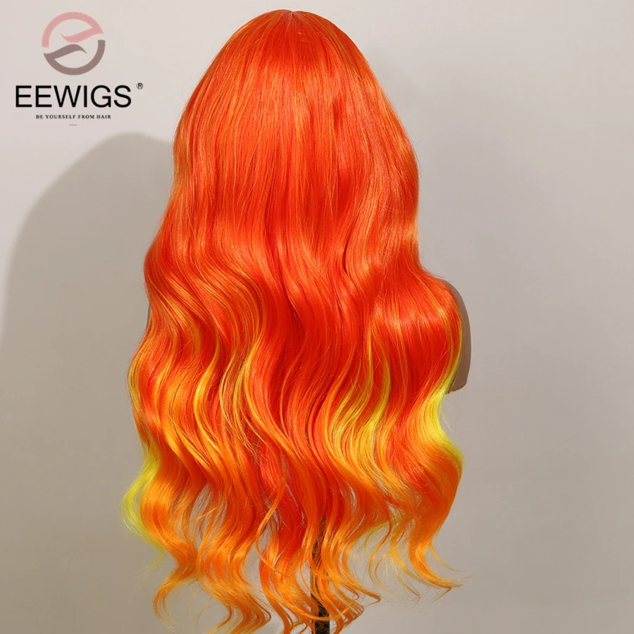 Высокотемпературные волосы EEWIGS 24 дюйма длинные волнистые оранжевые желтые