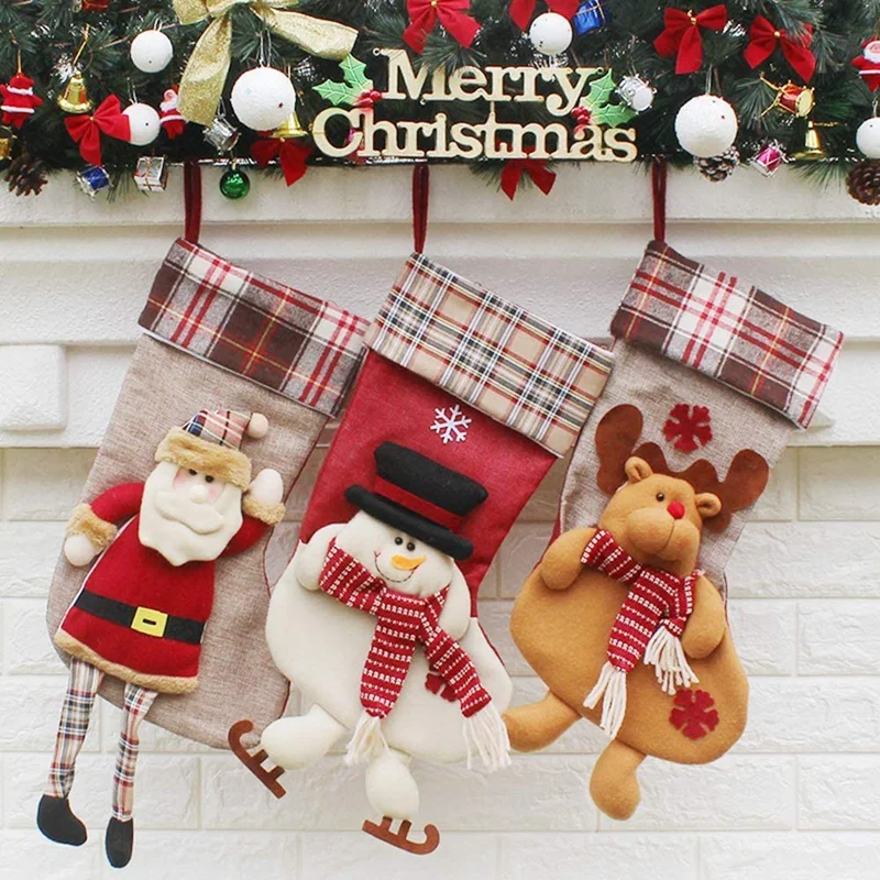 

3Pcs Santa Snowman Reindeer Xmas Fireplace Hanging Stockings Decoration Stockings Christmas Decoration 50X27cm