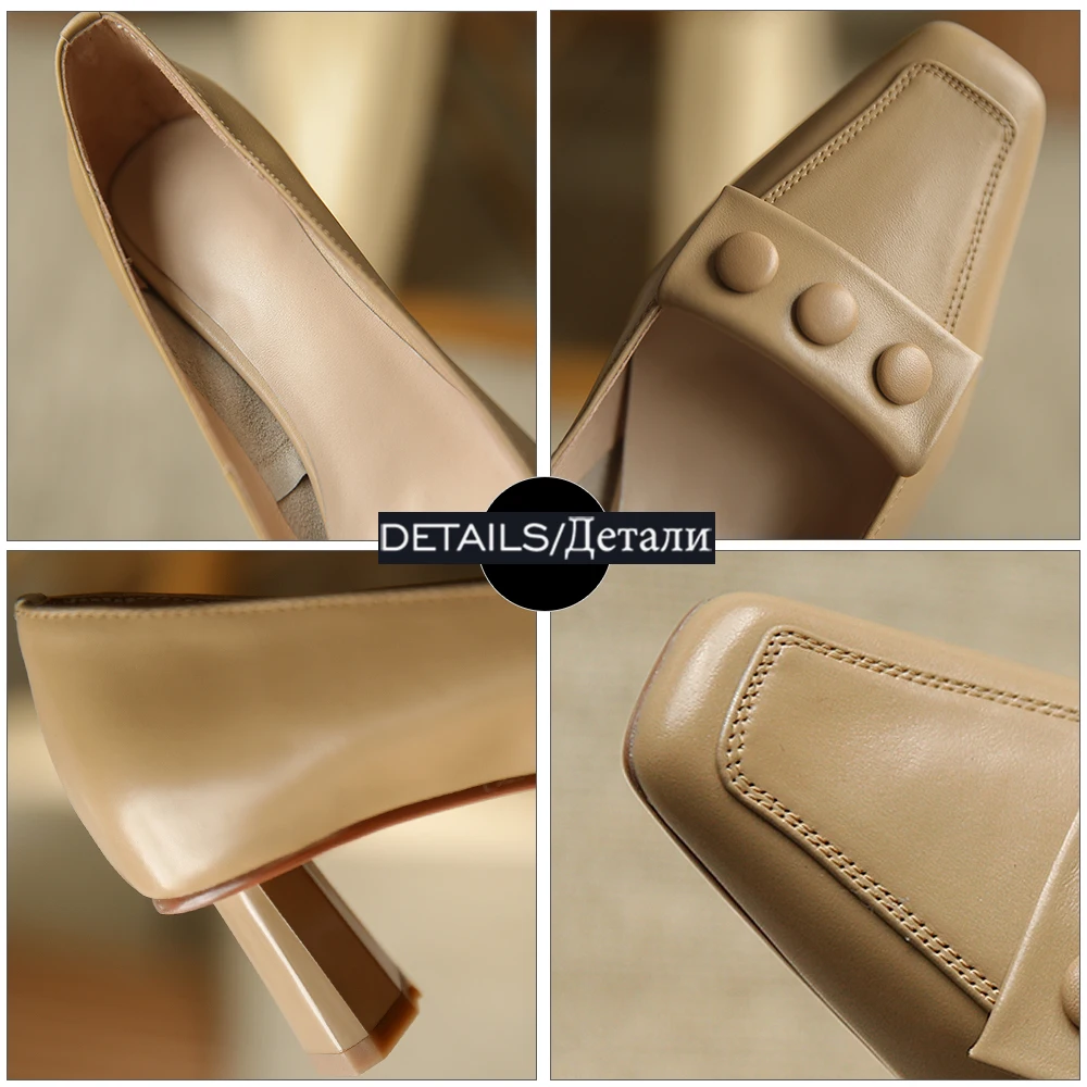 

ISNOM Genuine Leather Pumps Women Strange Heels Square toe Thick High Heels Slip On Shallow Office Spring Autumn Shoes 2021
