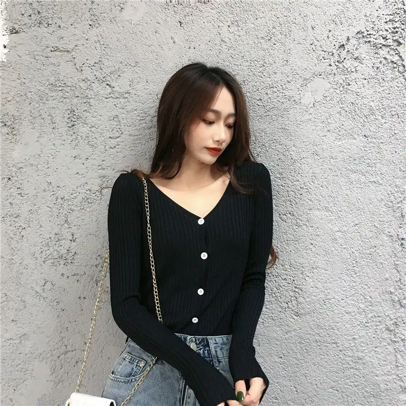 

Autumn And Winter New Korean Contrast Color V-neck Long-sleeved Solid Color Sweater Slim Button Knit Cardigan