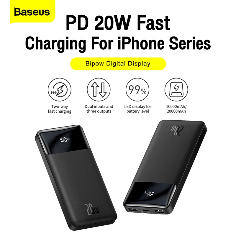 baseus power bank 20000mah portable charger powerbank 10000 external battery pd 20w fast charging for iphone 13 xiaomi poverbank free global shipping