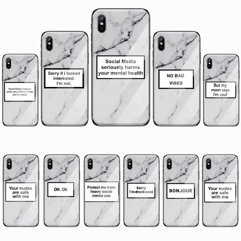 

Funny letters quotes Marble pattern Phone Case Tempered glass For iphone 6 7 8 plus X XS XR 11 12 13 PRO MAX mini
