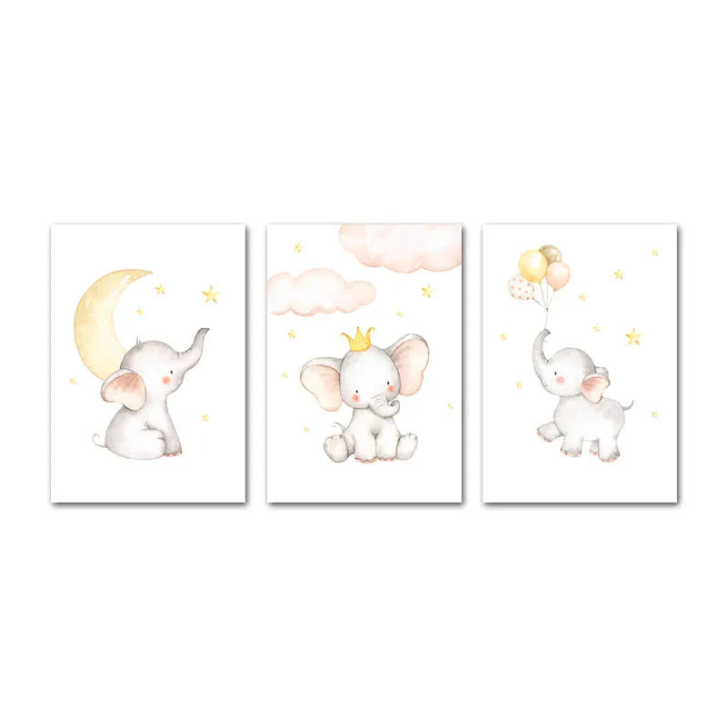 3 Pcs Set Детский плакат с изображением слона Луны, детская Настенная картина, холст, принт для детской акварели, картина с животными, скандинавские украшения для детской спальни - Цвет: 3 Pcs Set