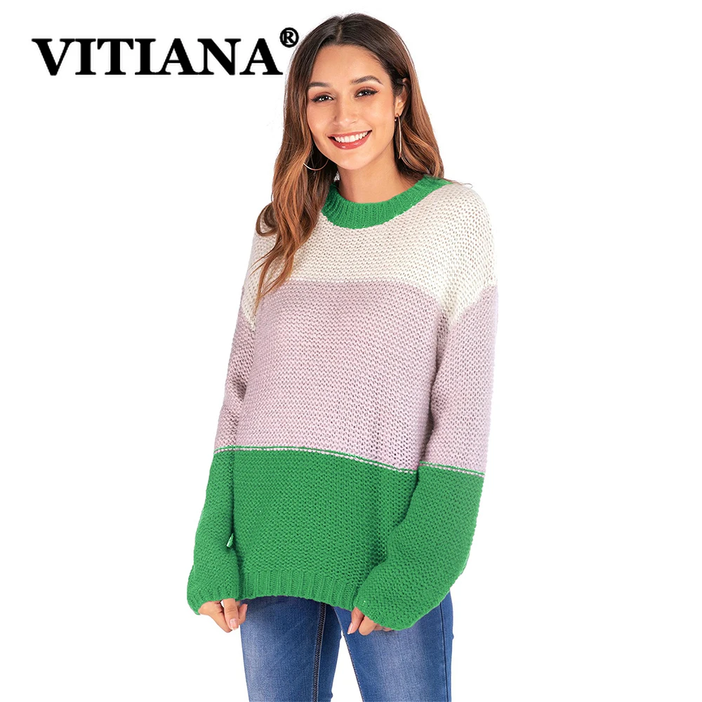 VITIANA Повседневный полосатый вязаный свитер для женщин 2019 осенние пуловеры с