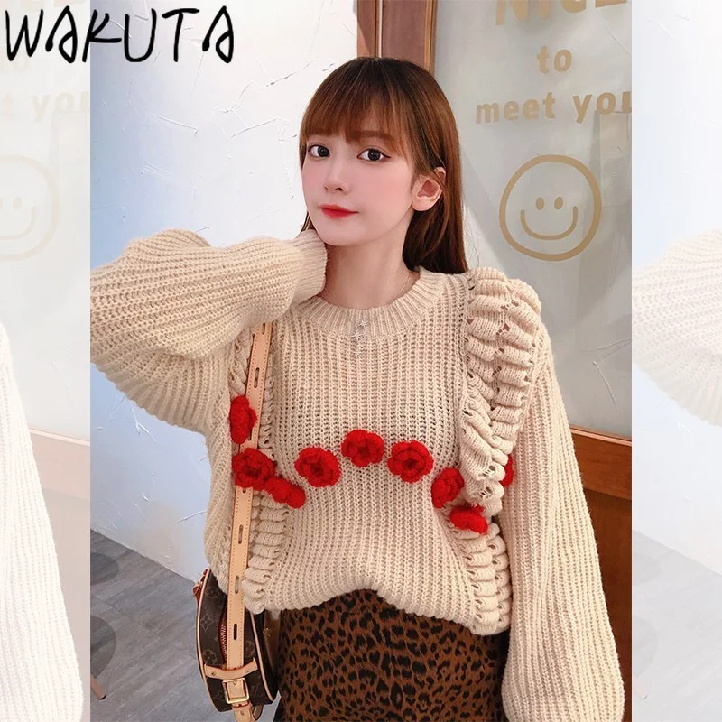 WAKUTA Floral Sweater 2021 New Japanese Fashion Elegant Sweet Design Knit Pullover Autumn Winter Girls Gentle Loose Jumper Daily | Женская