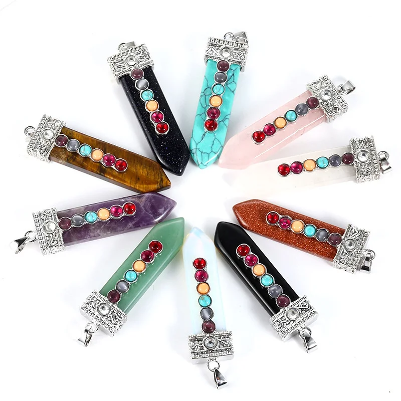 

1PCS 7 Chakela Natural Stone Crystal Agate Necklace Sword-shaped Pendant