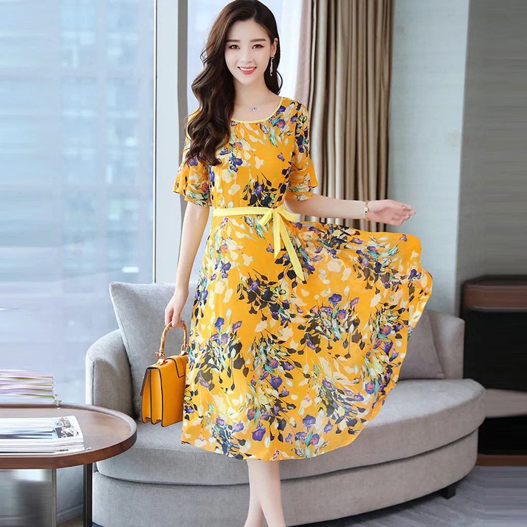 Летние женские Платья с цветочным принтом а силуэт круглым вырезом на шнуровке