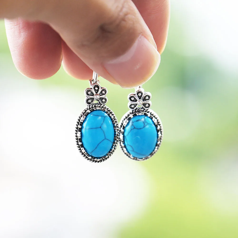 

Bohemia Women Long Natural Stone Earring Blue Flower Round Drop Earrings For Earrings Gift Jewelry