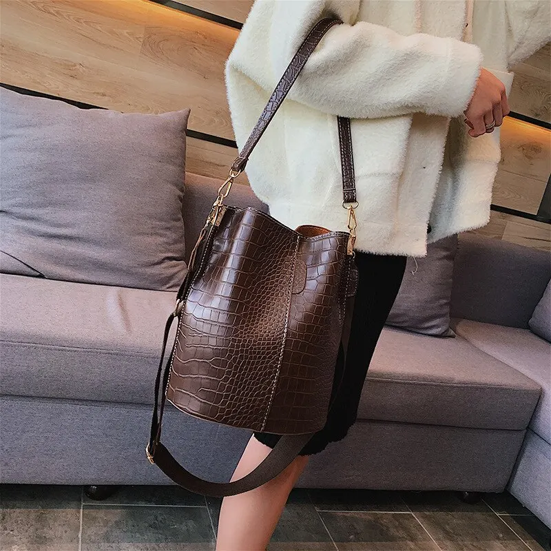 

Vintage Casual Bucket Bags for Women Shoulder Bag Alligator pattern Quality Pu Leather Messenger Bag Big Tote Popular Style 2020