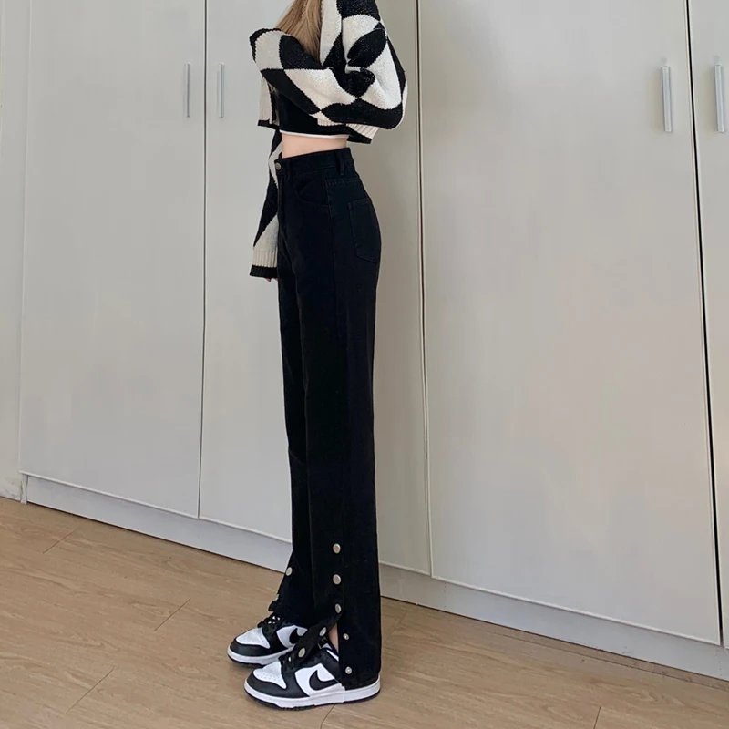 

High Waist Women's Jeans Autumn And Winter Black Slit Slim Straight Pants Show Thin Loose Age Reducing Floor Mops Split Pants