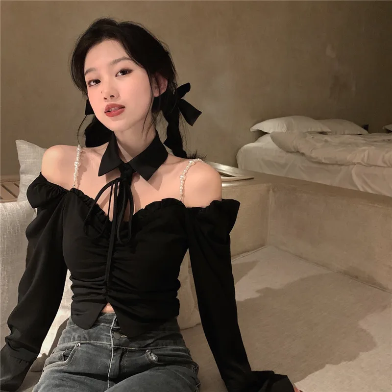 

Black shirt women's 2021 spring and autumn new off shoulder sexy neck long sleeve top hot girl clothes party