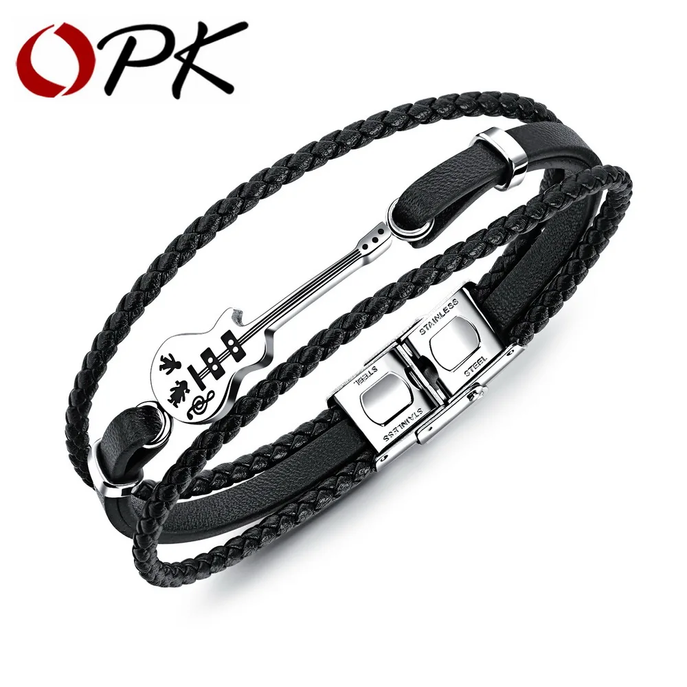 

OPK Classic Guitar Bass Bracelet For Men Multilayer Leather Stainless Steel Handmade Braided Rope Male Jewelry Gift PH1224