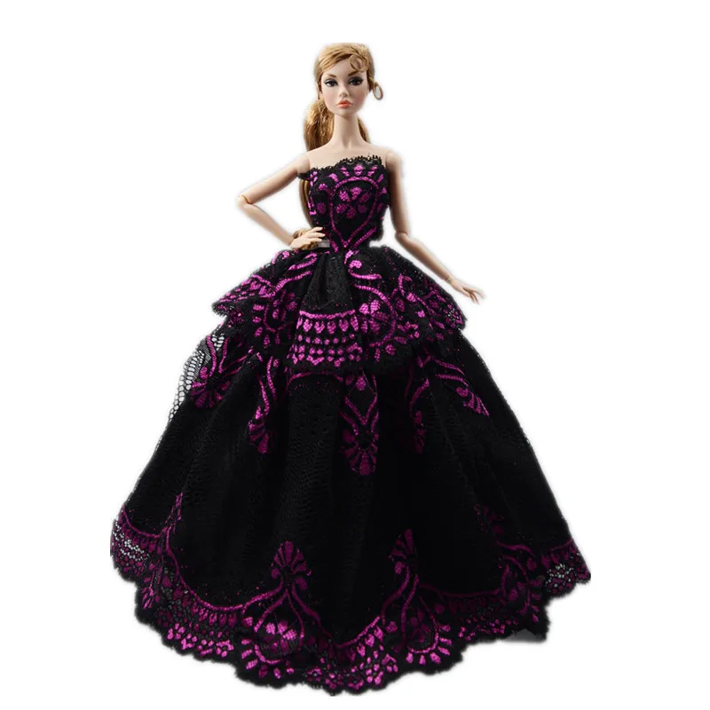 

Elegant Black Pink Floral Off Shoulder Lace Dress For Barbie Doll Clothes Princess Wedding Party Gown 1/6 BJD Dolls Accessories