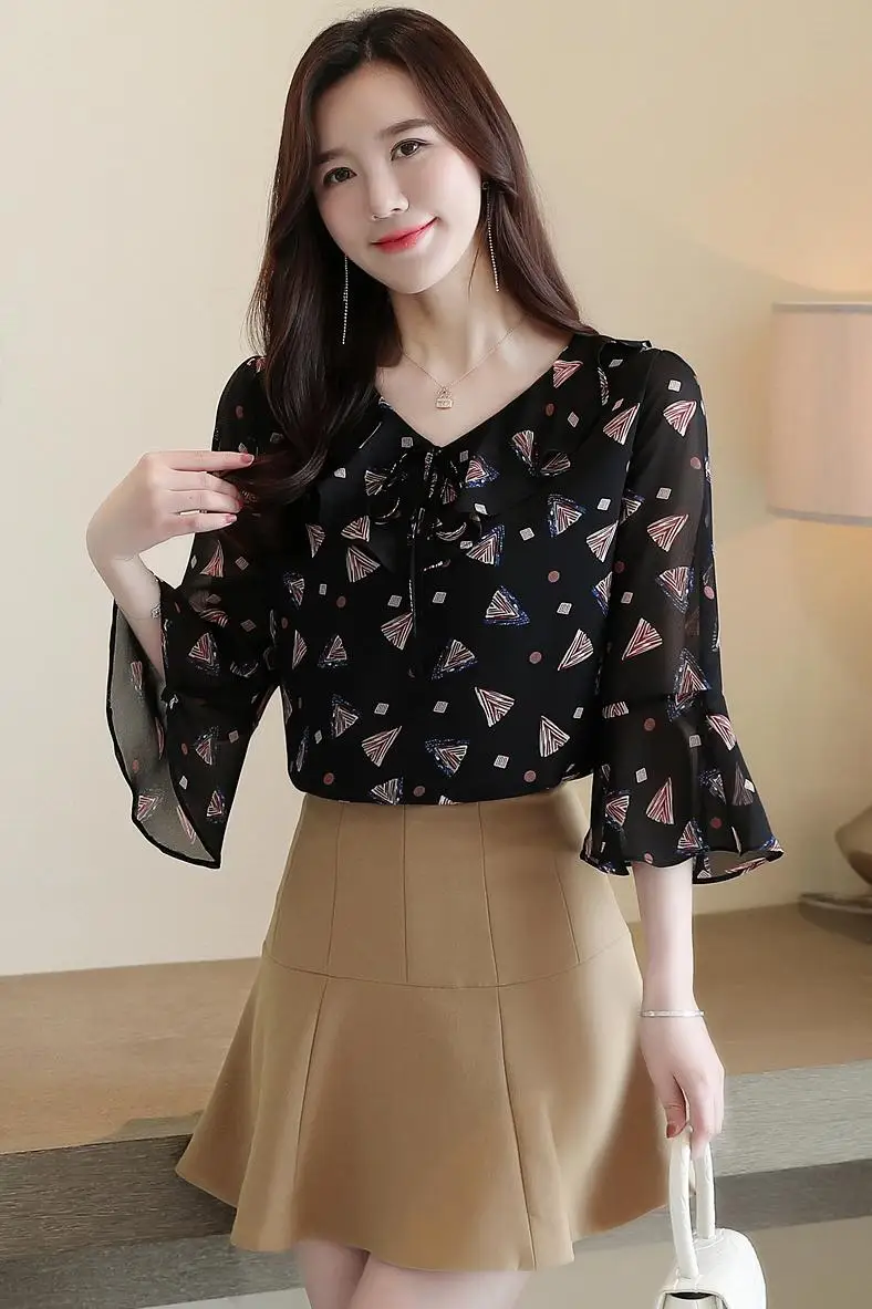 

Houthion Chiffon Slim Women's Blouses 3/4 Sleeve Top New Casual Blouse Fashion Geometry Bow Shirt Summer