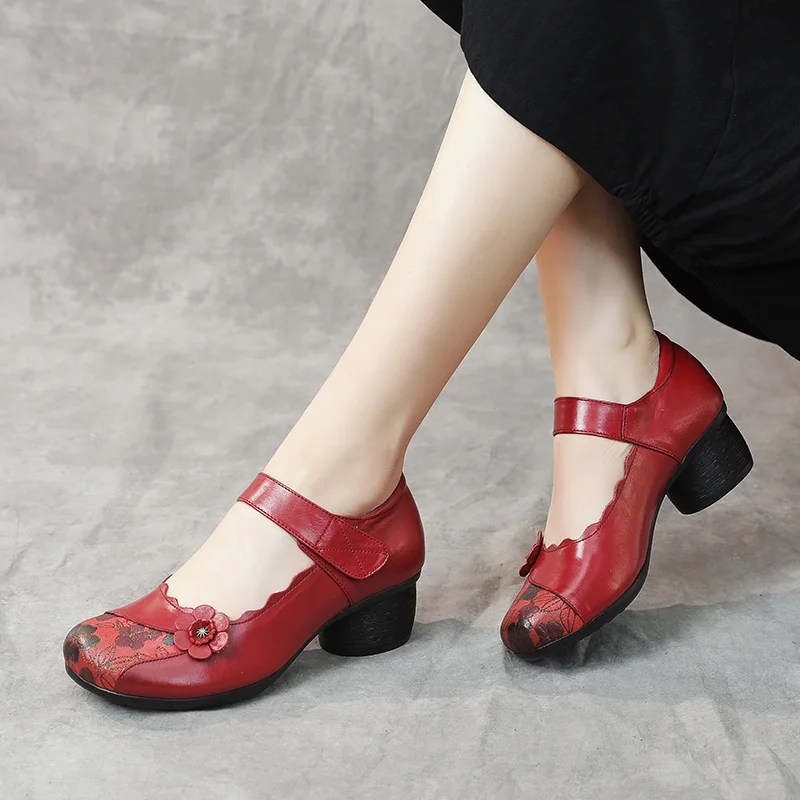 

GKTINOO 2021 Vintage Women Pumps Comfortable Genuine Leather High Heel Shoes Women Round Toe Casual Thick Heel Mother Shoes