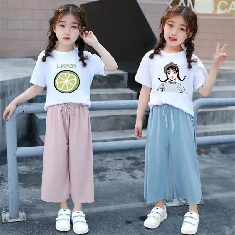 

Summer Girls Clothes Sets Fashion 2022 Outfits Short Sleeve + Wide Leg Pants Children Clothing Baby Kids Clothes 6 8 10 12 Years