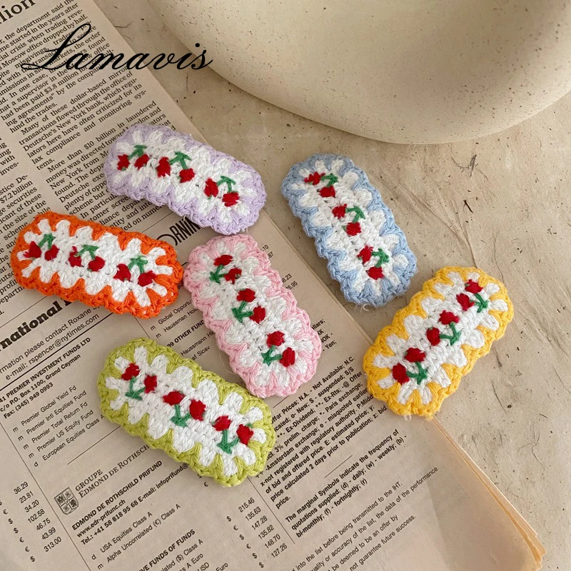 

Cute Wool Knitting Cherry Flower Hairpin BB Clip Girl Heart Bangs Clip Hairpin Side Clip Fashion Hair Accessories