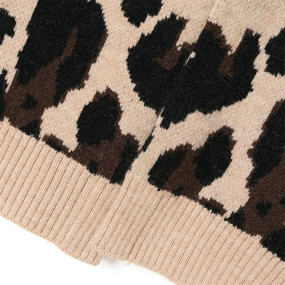 

ZXQJ Women Fashion Belt Leopard Print V-neck long-sleeved Knitted Cardigan Sweater Outerwear Chic Tops