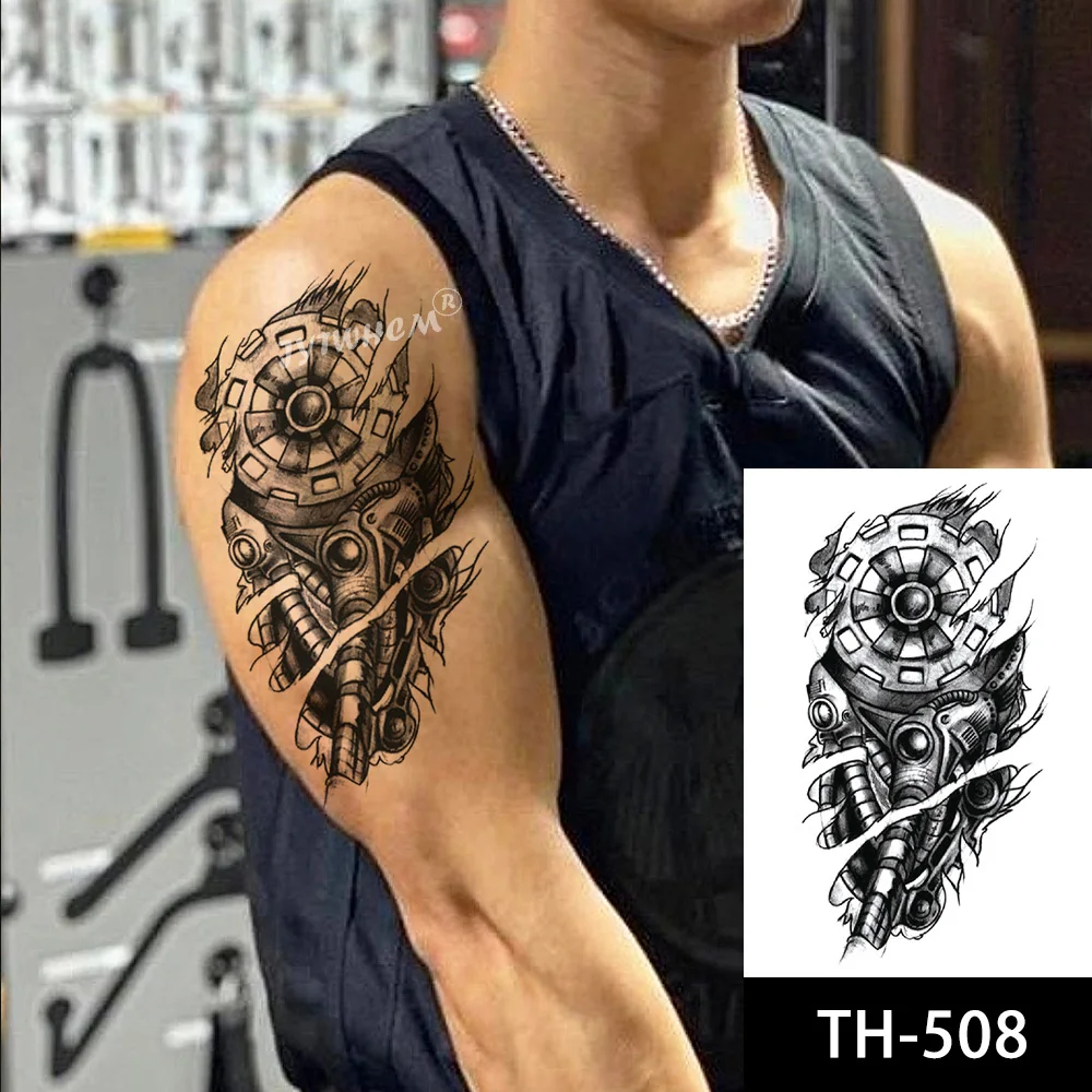 Черная наклейка-тату с Роботизированной рукой Геометрическая прямоугольная
