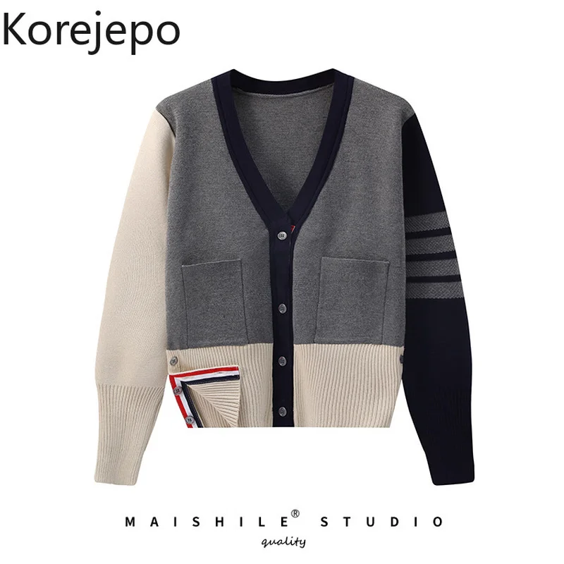 

Женский вязаный кардиган кореjepo, Осень-зима 2021, новый корейский Шикарный ретро-стиль в стиле преппи с V-образным вырезом и длинным рукавом, К...