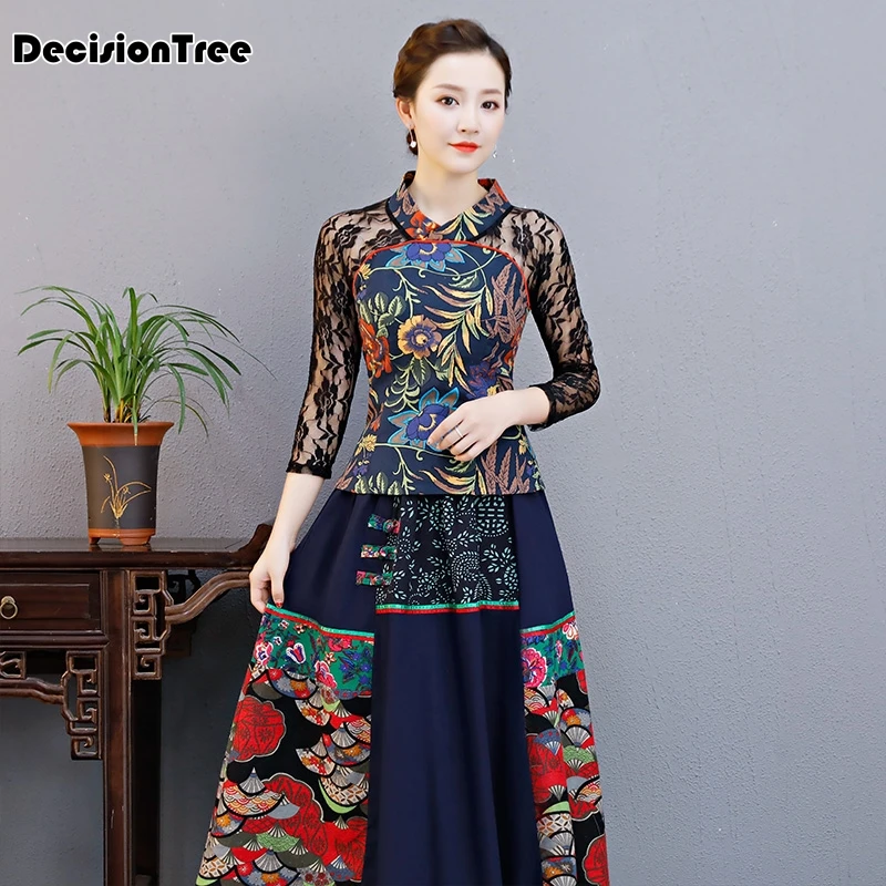 Элегантные ретро китайские женские cheongsam топы Вышитые Печатные Топы Ципао традиционные классические кружевные рукава кофточка Ципао