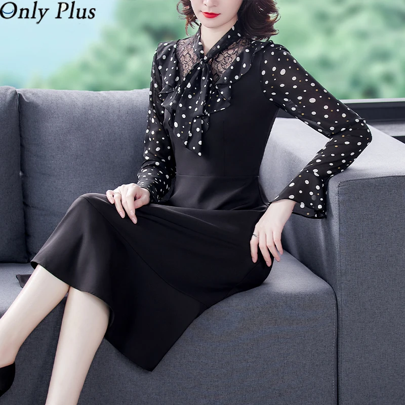 

Only Puls Polka Dot Printed Chiffon Dress Women Autumn Office Lady Lace Patchwork Dresses Slim Trumpet Sleeve Casual Vestidos