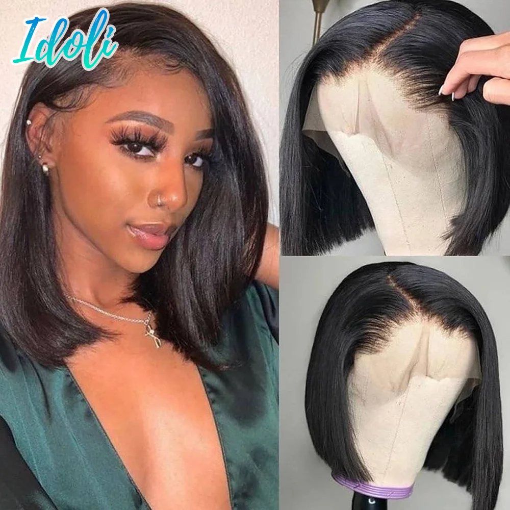 Curtas do Cabelo Humano de Remy Brasileiro do Laço da Parte Dianteira do Laço das Perucas do Fechamento do Laço 360 de Bob sem Corte para as Mulheres Perucas Negras 4×4 13x 4 –