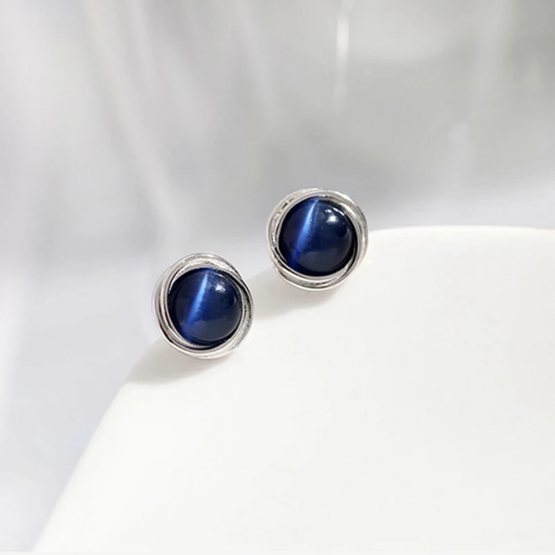 Винтажные стильные серебряные серьги-гвоздики с камнем кошачий глаз 925