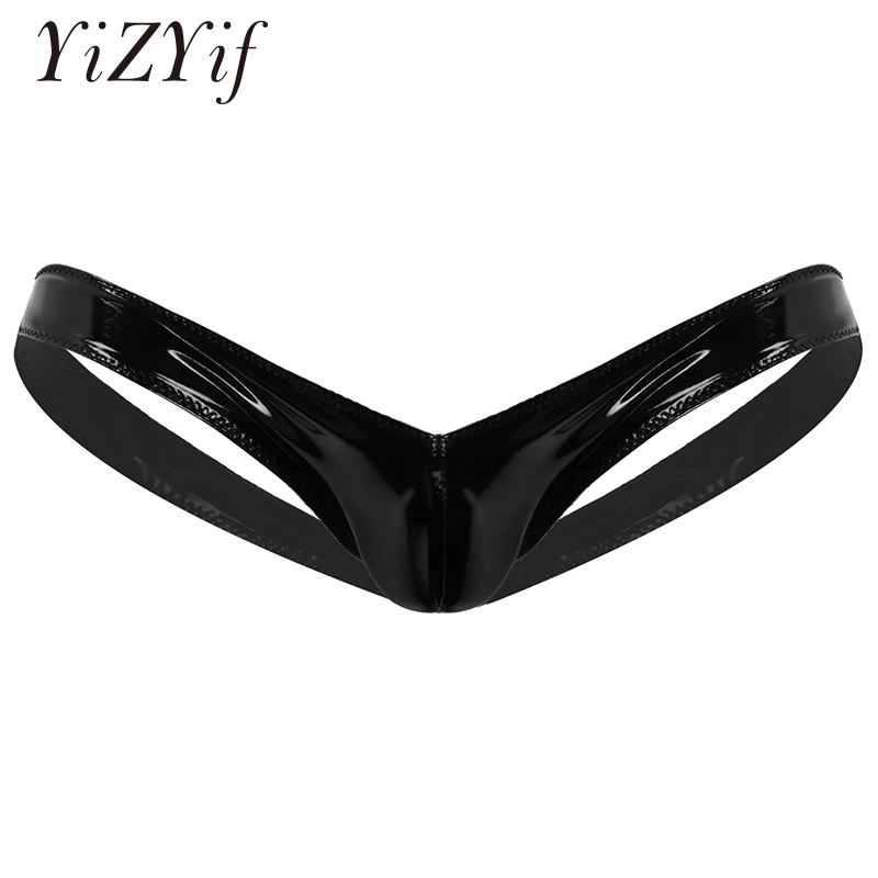 

Men Latex Thongs Underwear Wet Look Patent Leather Rise Bulge Pouch Open Butt Mini Jockstrap Thong Briefs gay Underwear Lingerie