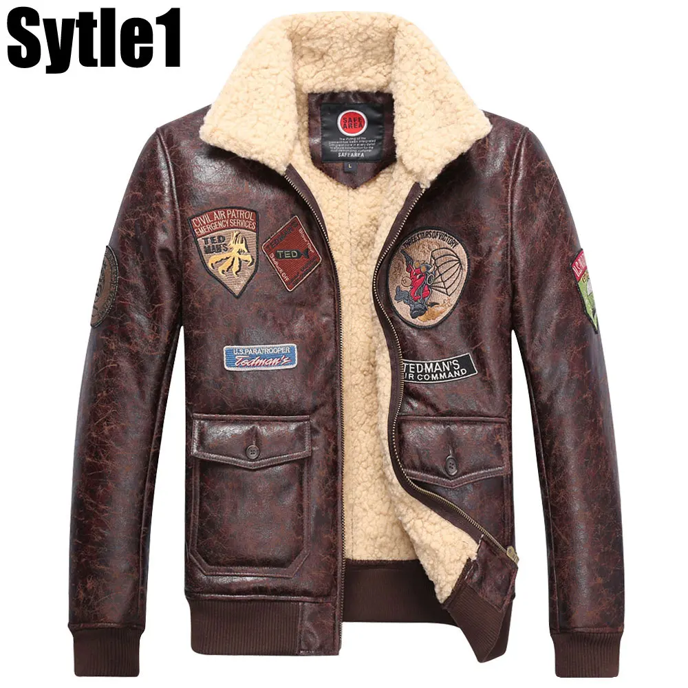 Style1 Брендовые Модные мужские винтажные кожаные куртки из искусственного меха ягненка флисовая куртка-бомбер мужская зимняя теплая меховая подкладка пальто на молнии - Цвет: Style1