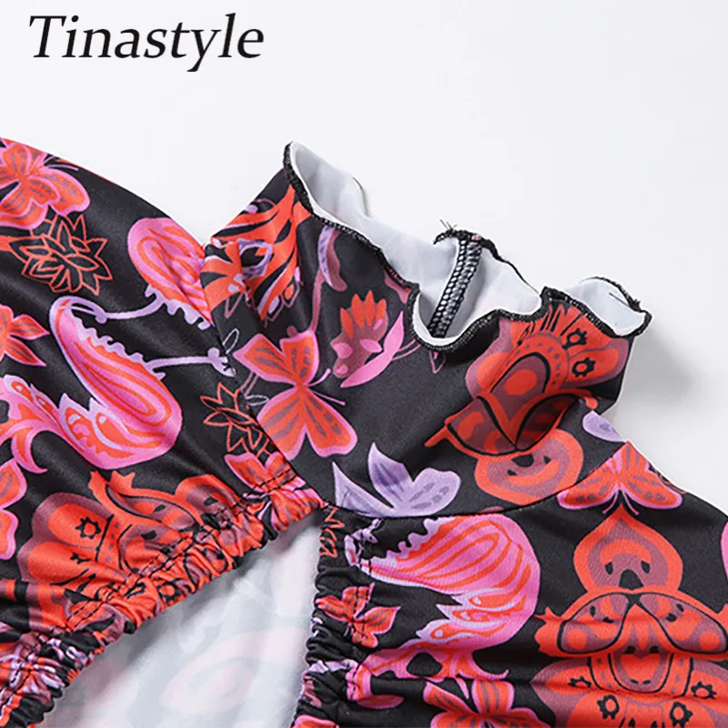 

Tinastyle Print Turtleneck Slim Tees Women Spring Fall Long Sleeve Hollow Out T-shirt 2021 Femme Streetwear Lace Up Shirts Tops