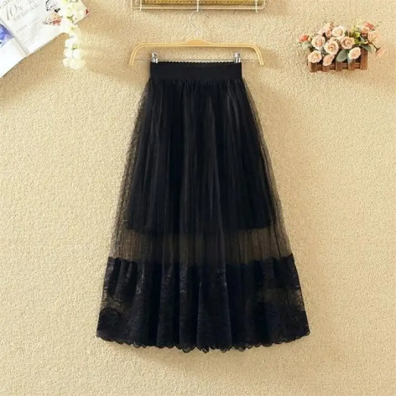 

Lace skirt women's spring 2021 new versatile medium length fairy net sand skirt pleated skirt summer
