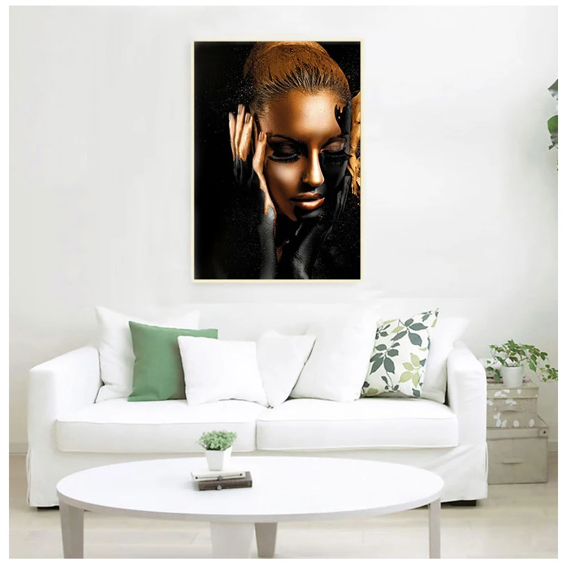 

African Art Woman Black Gold Nude Oil Painting on Canvas Cuadros Posters and Prints Scandinavian Wall Picture for Living Room