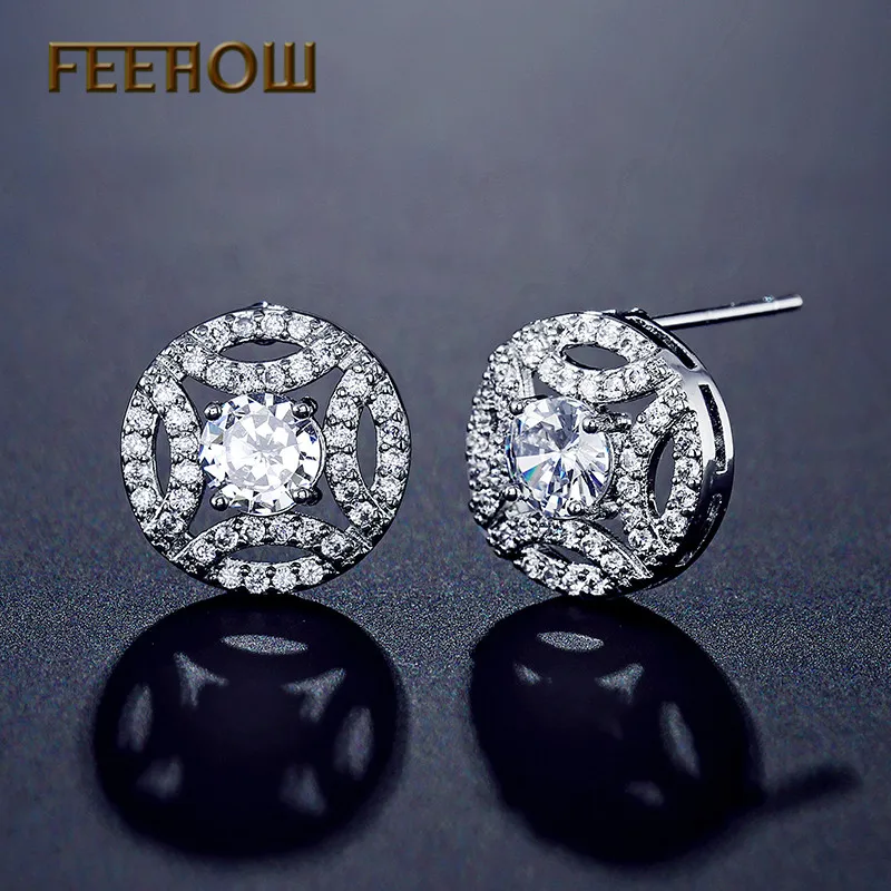 Женские серьги-гвоздики FEEHOW с круглым вырезом и кристаллами из циркония