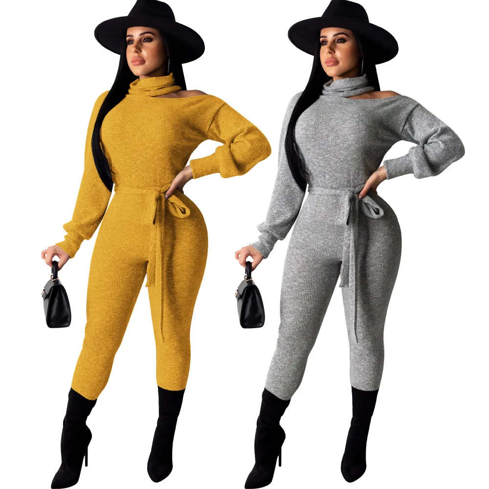 Водолазка Серый Вязаный комбинезон элегантный длинный рукав женский зимний