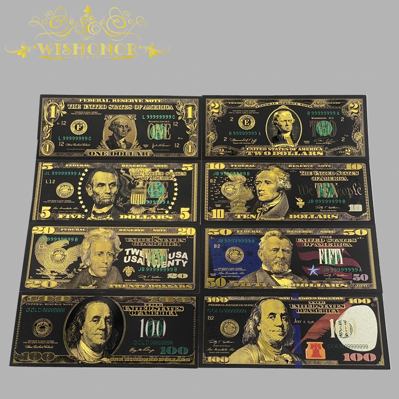 

8Pcs/Set Nice America Banknote 1 2 5 10 20 50 100 Gold Banknote in 24k Gold Plated For Collection