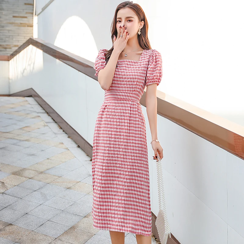 

2020 New French Style Retro Lattice Square Collar High Waist Knee Check Vestidos Puff Sleeve Zipper Plus Size Women Dress Female