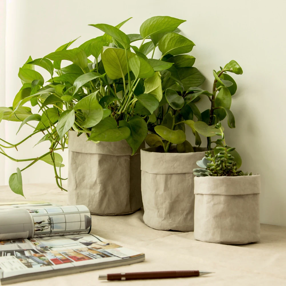 

Durable Eco-friendly Kraft Paper Flower Pot 3 Sizes Holder Reuseable Waterproof Plant Pot Multifunction Desktop Home Storage Bag